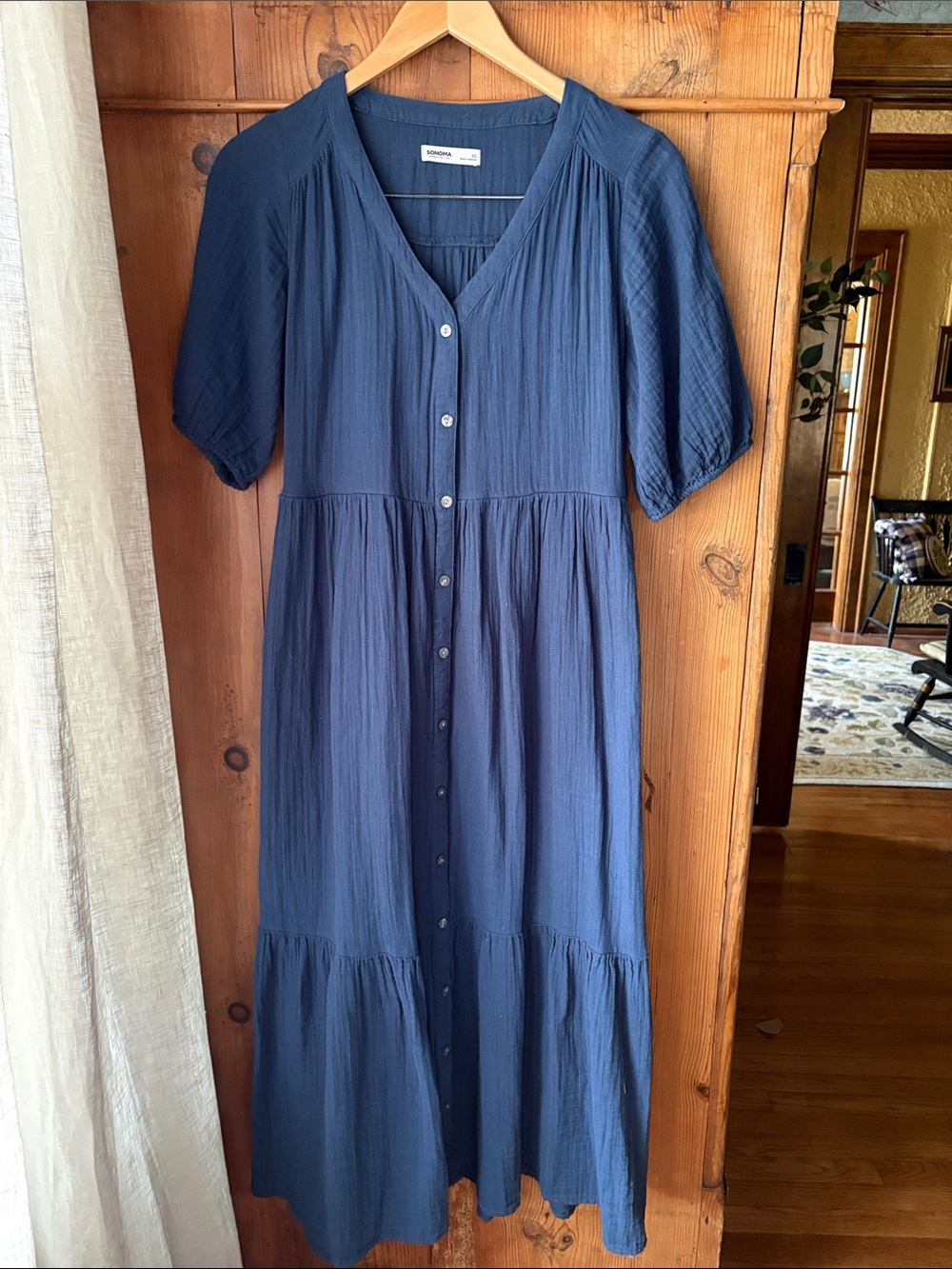 100% Cotton Navy Button-Front Tiered Midi Dress